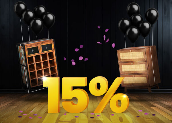 Wooden wine rack cabinet with cubby shelves and wooden sideboard lifted by black balloons and surrounded by purple confetti, with a large yellow 15% sign on a dark background.