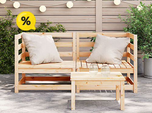 A light wood outdoor sofa and small table are displayed in a garden setting to advertise a sale. Click to see the products in the collection.