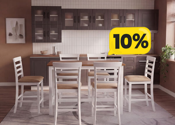 Modern dark brown kitchen with a wooden table and white chairs, featuring a yellow speech bubble with "10%" displayed.