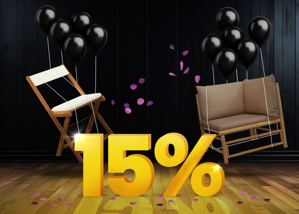 Wooden folding chair with white cushions and wooden outdoor corner seat with brown cushions lifted by black balloons and surrounded by purple confetti, with a large yellow 15% sign on a dark background.