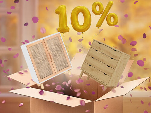 Open box with chest of drawers and sideboard popping out, purple petals scattered around in an indoor setting. Yellow balloons show a 10% discount. Click to see the products in the offer.