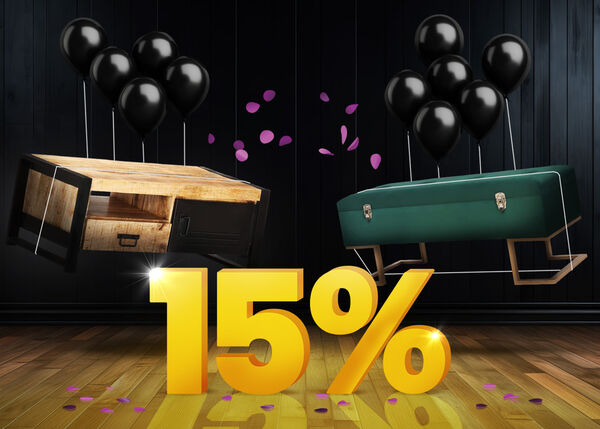 Wooden coffee table with storage and green upholstered bench lifted by black balloons and surrounded by purple confetti, with a large yellow 15% sign on a dark background.