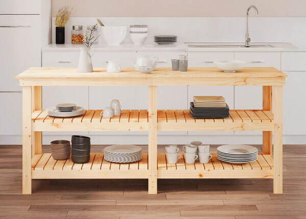 Wooden kitchen island with open shelves filled with dishes, in a styled kitchen. Click to see the products in the collection.