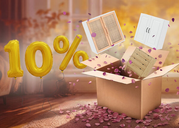 Open box with chest of drawers, sideboard, and cabinet popping out, purple petals scattered around in an indoor setting. Yellow balloons show a 10% discount.