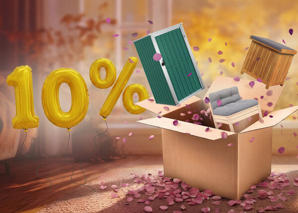 Open box with tool shed, garden sofa, and storage box popping out, purple petals scattered around. Yellow balloons show a 10% discount.