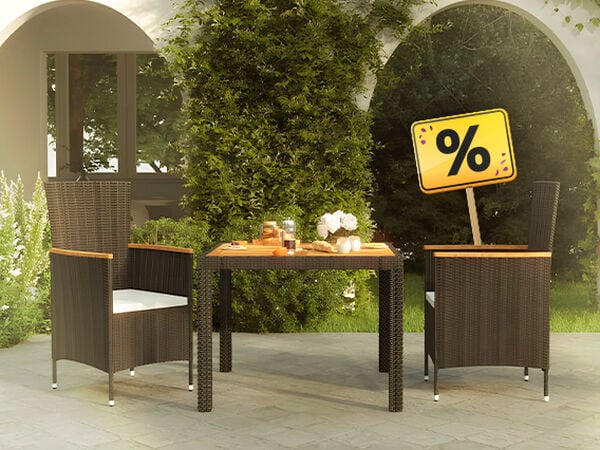Outdoor dining set with a wooden table, two woven chairs, and a yellow percentage sign. Click to see the products in the collection.