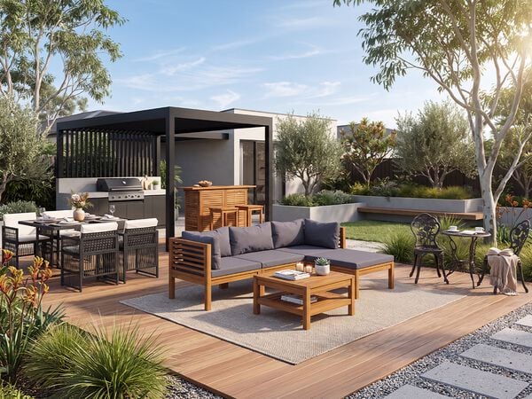 Outdoor patio with a lounge set, dining set, bistro set, bar set a and pergola creating a modern alfresco living space. Click to see the products in the collection.