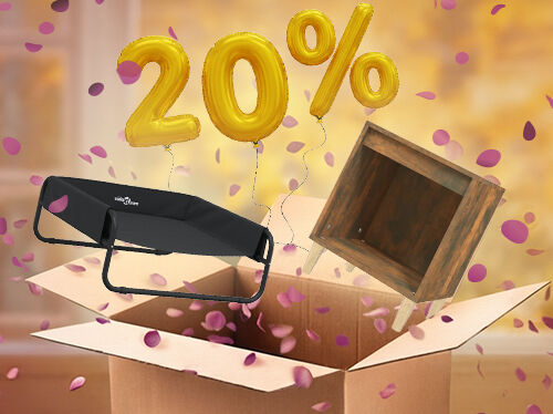 Open box with bedside cabinet and dog bed popping out, purple petals scattered around in an indoor setting. Yellow balloons show a 20% discount. Click to see the products in the offer.