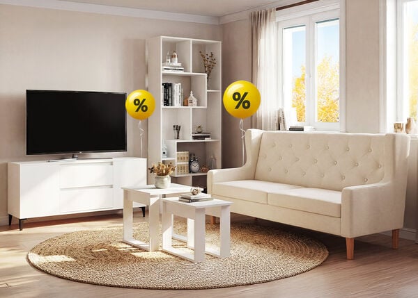 A modern living room scene featuring a beige sofa, white furniture, and a television, with three yellow balloons displaying percentage signs indicating a sale.