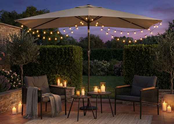 Outdoor patio at dusk featuring a large umbrella with string lights, two cushioned chairs, a small table, and numerous lit candles, surrounded by lush greenery and flowers.