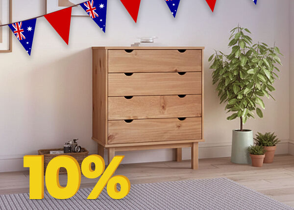 Wooden four-drawer dresser with a yellow percentage sign tag hanging from Australian flag bunting.