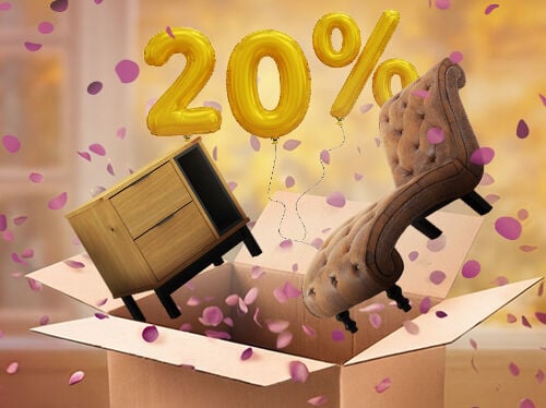 Open box with velvet chaise lounge, wooden cabinet, and pouffe popping out, purple petals scattered around in an indoor setting. Yellow balloons show a 20% discount. Click to see the products in the offer.