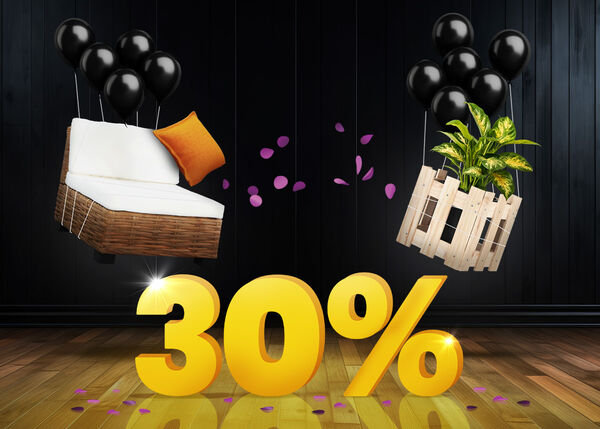 Rattan lounge chair with white cushions and an orange pillow, and a wooden planter with a potted plant lifted by black balloons and surrounded by purple confetti, with a large yellow 30% sign on a dark background.