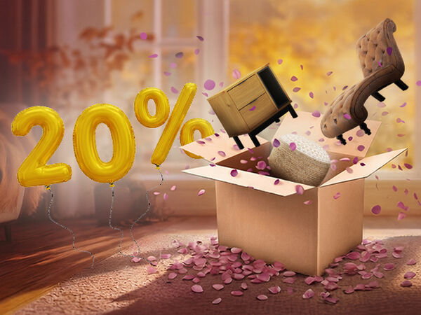Open box with velvet chaise lounge, wooden cabinet, and pouffe popping out, purple petals scattered around in an indoor setting. Yellow balloons show a 20% discount. Click to see the products in the offer.