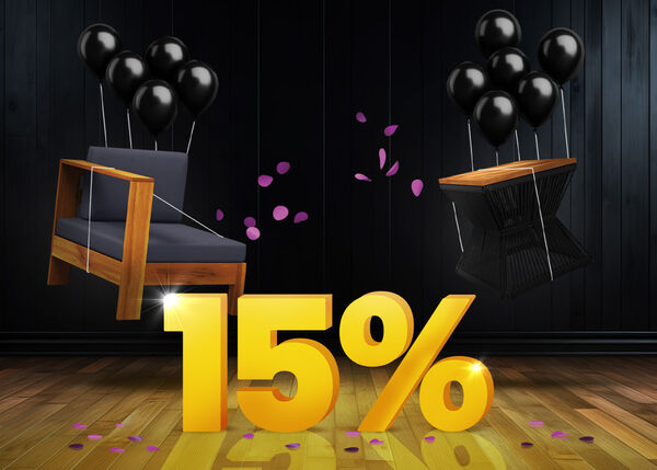 Wooden garden chair with dark cushions and black outdoor side table lifted by black balloons and surrounded by purple confetti, with a large yellow 15% sign on a dark background.