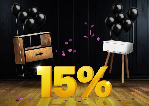 Wooden bedside table with a metal frame and white bedside table on wooden legs lifted by black balloons and surrounded by purple confetti, with a large yellow 15% sign on a dark background.