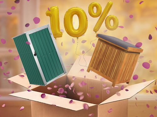 Open box with tool shed and garden storage box popping out, purple petals scattered around. Yellow balloons show a 10% discount. Click to see the products in the offer.