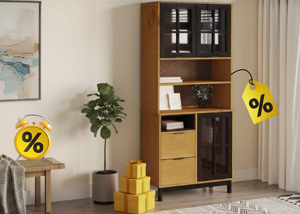 A tall storage cabinet with drawers and glass doors, a wooden bench with a throw blanket, yellow gift boxes, a price tag, and a clock with discount icons in a styled living room.