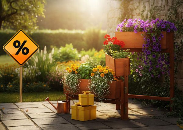 A wooden tiered garden planter with flowers and green herbs, next to a watering can, yellow gift boxes, and a discount sign in a sunny garden.