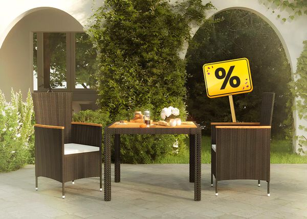 Outdoor dining set with two chairs and a table, with a yellow sign indicating a percentage discount.