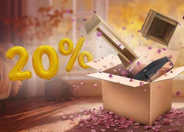 Open box with monitor stand, bedside cabinet, and dog bed popping out, purple petals scattered around in an indoor setting. Yellow balloons show a 20% discount. 