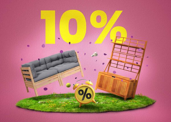 Floating wooden two-seater sofa and a wooden plant stand with storage on grass. Confetti, a yellow clock with a percentage sign, and bold “10%” in the background.