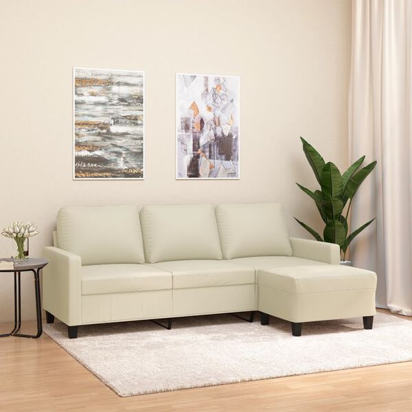 vidaXL 3-Seater Sofa with Footstool Cream 180 cm Faux Leather
