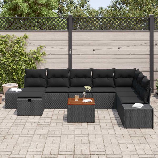 vidaXL Garden Sofa Set with Cushion 9 pcs Black Poly rattan
