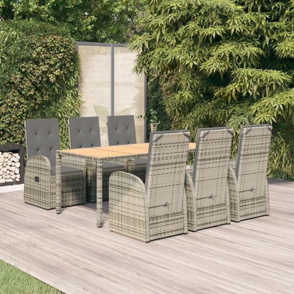vidaXL 7 Piece Garden Dining Set with Cushions Grey Poly Rattan