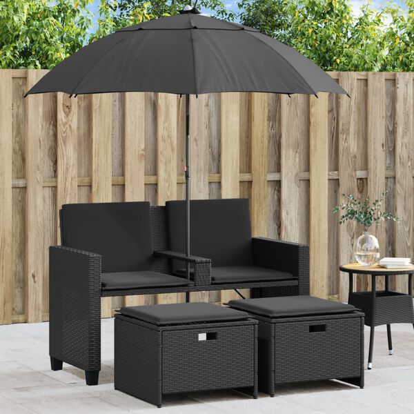 vidaXL Garden Sofa 2-Seater with Parasol and Stools Black Poly Rattan