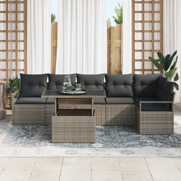 vidaXL Garden Sofa Set with Storage 7 pcs Grey Poly rattan