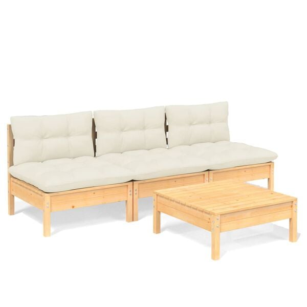vidaXL 4 Piece Garden Lounge Set with Cream Cushions Pinewood