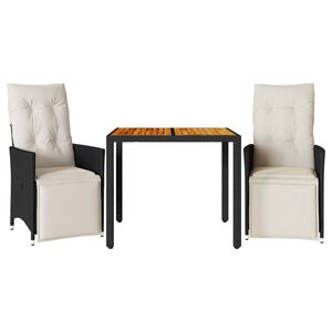 vidaXL 3 Piece Bistro Set with Cushions Black Poly Rattan