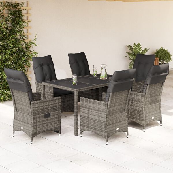 vidaXL 7 Piece Garden Dining Set with Cushions Grey Poly Rattan