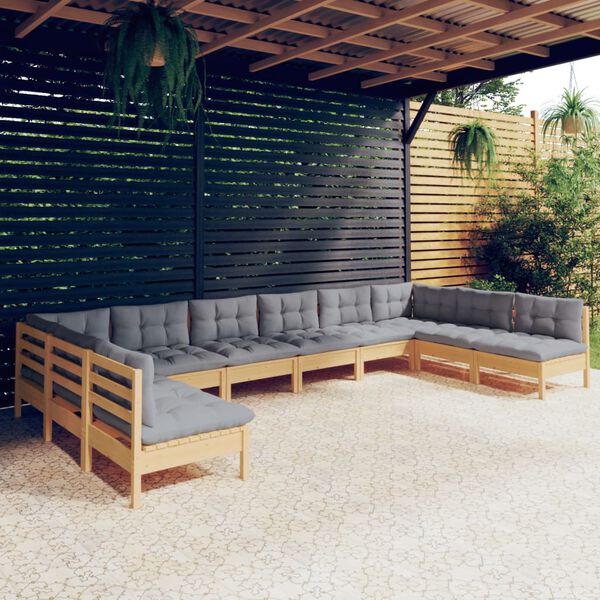 vidaXL 10 Piece Garden Lounge Set with Grey Cushions Solid Pinewood