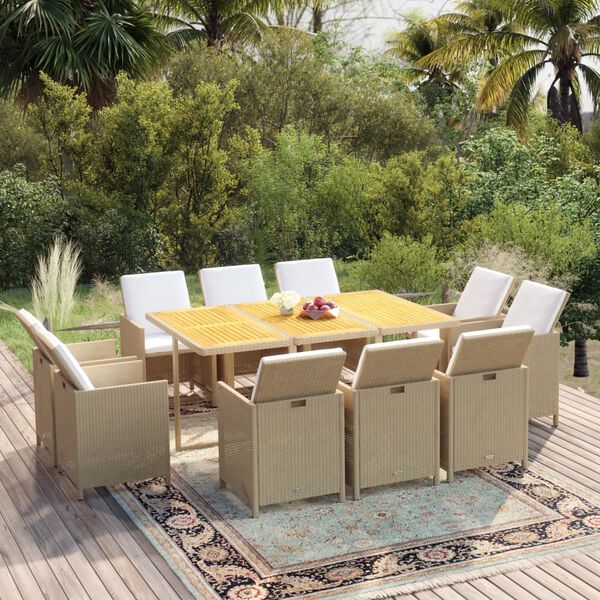 vidaXL 11 Piece Garden Dining Set with Cushions Poly Rattan Beige