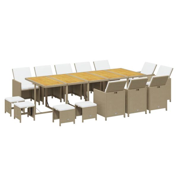 vidaXL 15 Piece Garden Dining Set with Cushions Poly Rattan Beige