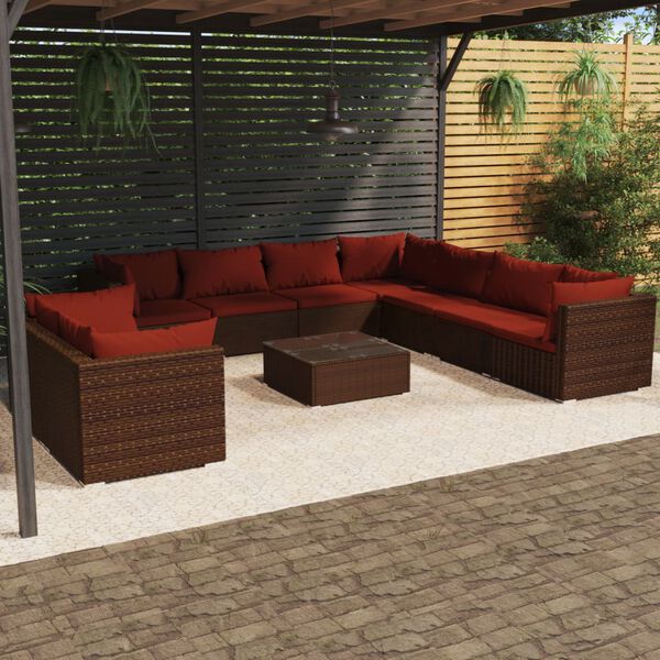 vidaXL 10 Piece Garden Lounge Set with Cushions Brown Poly Rattan