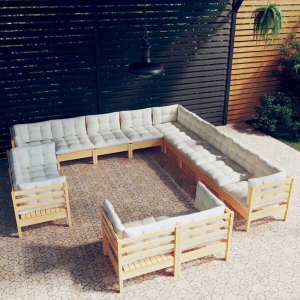 vidaXL 13 Piece Garden Lounge Set with Cream Cushions Solid Pinewood