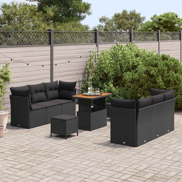 vidaXL Garden Sofa Set with Cushion 9 pcs Black Poly Rattan
