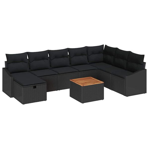 vidaXL Garden Sofa Set with Cushion 9 pcs Black Poly rattan