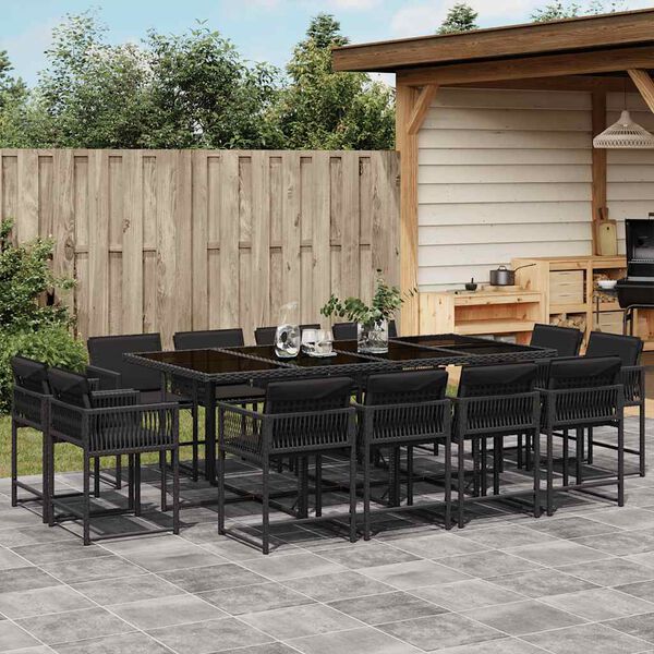 vidaXL 13 Piece Garden Dining Set with Cushions Black Poly Rattan