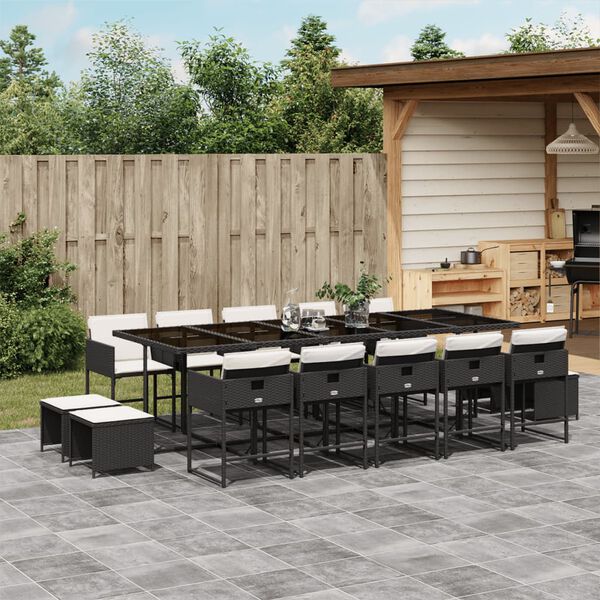 vidaXL 15 Piece Garden Dining Set with Cushions Black Poly Rattan