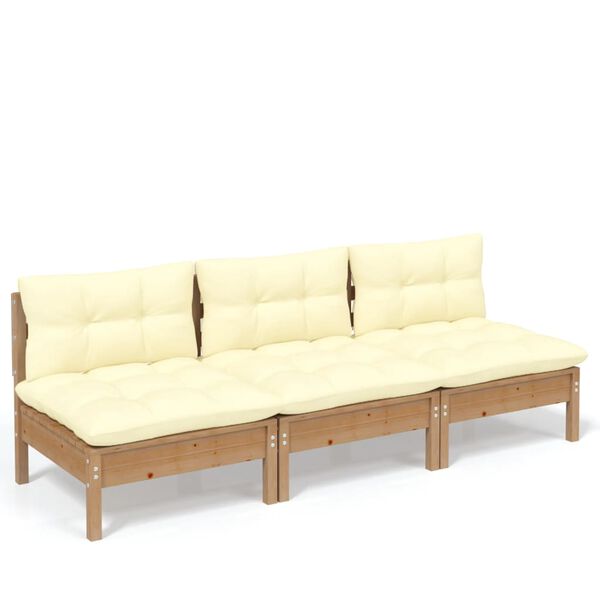 vidaXL 3-Seater Garden Sofa with Cream Cushions Solid Pinewood