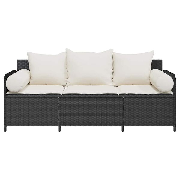 vidaXL Garden Sofa with Cushions 3-Seater Black Poly Rattan