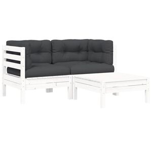 vidaXL 3 Piece Garden Lounge Set with Cushions White Solid Pinewood