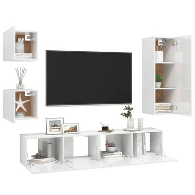 vidaXL 5 Piece TV Cabinet Set High Gloss White Chipboard