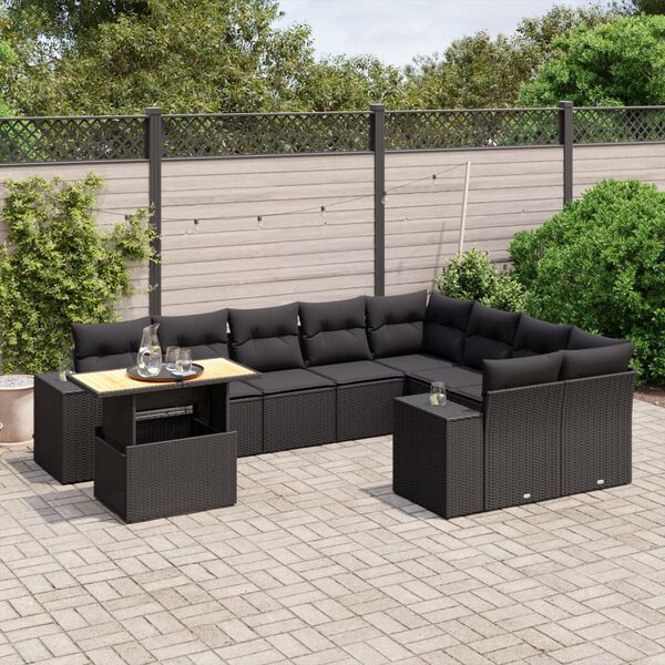 vidaXL 10 Piece Garden Sofa Set with Cushions Black Poly Rattan