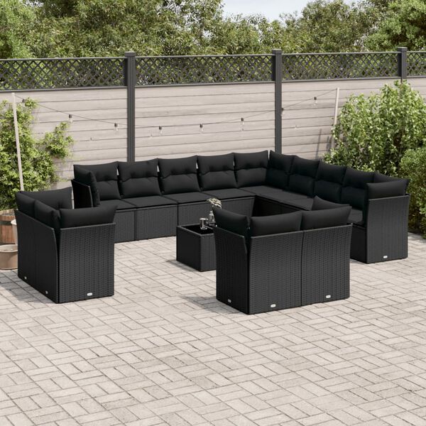 vidaXL 14 Piece Garden Sofa Set with Cushions Black Poly Rattan