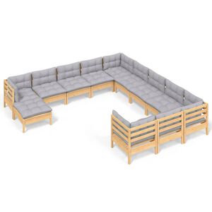 vidaXL 12 Piece Garden Lounge Set with Grey Cushions Pinewood